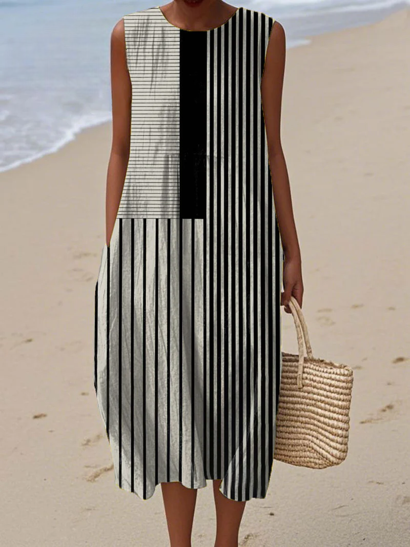 Elise - Sleeveless Summer Dress with Monochrome Lines Print