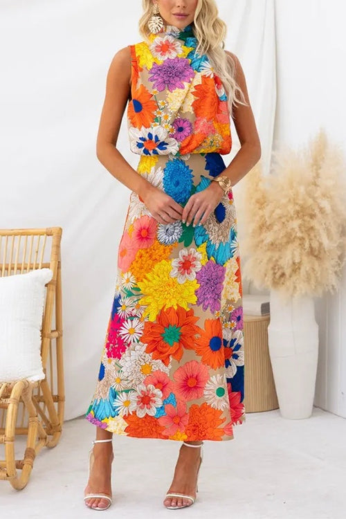 Samantha - Sleeveless Tie Neck Waisted Floral Print Maxi Dress