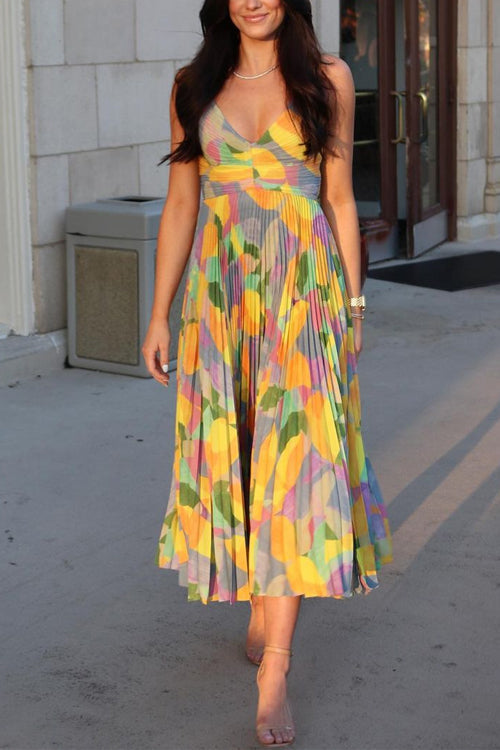 Carmen - V Neck Printed High Waist Pleated Midi Cami Dress