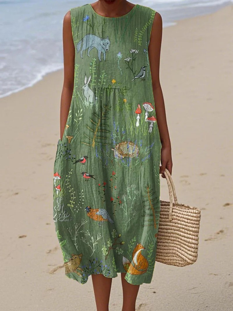 Sleeveless Pocket Summer Dress with Vintage Woodland Animal Print