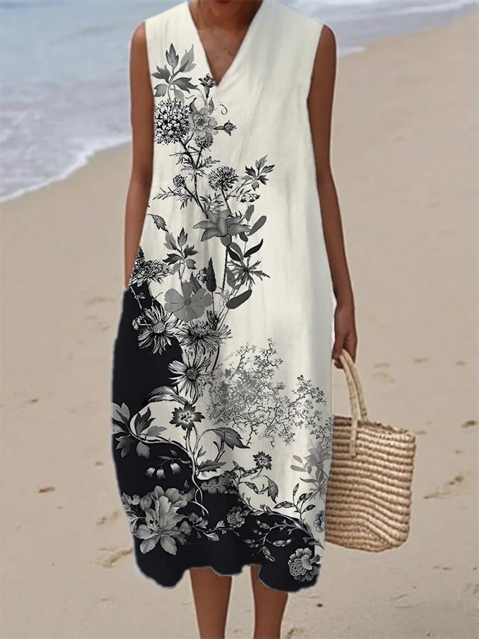 Women's Casual Floral Print V Neck Sleeveless Dress