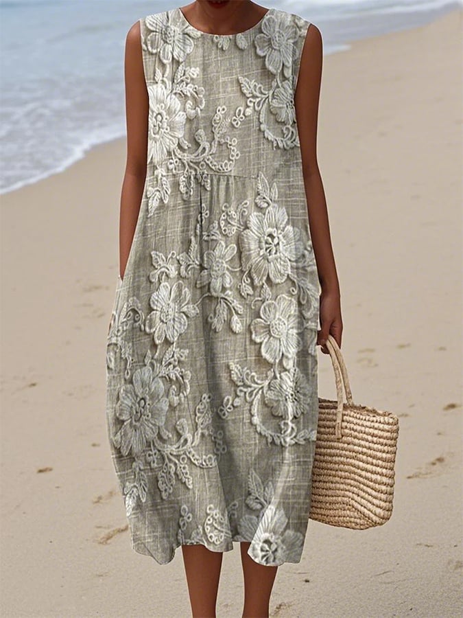 Women's Casual Round Neck Floral Print Sleeveless Dress
