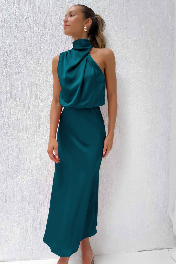 Carlina | Halter Neck Long Satin Dress