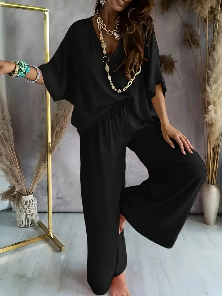Mia™ - Casual V Neck Top with Wide Leg Pants Set