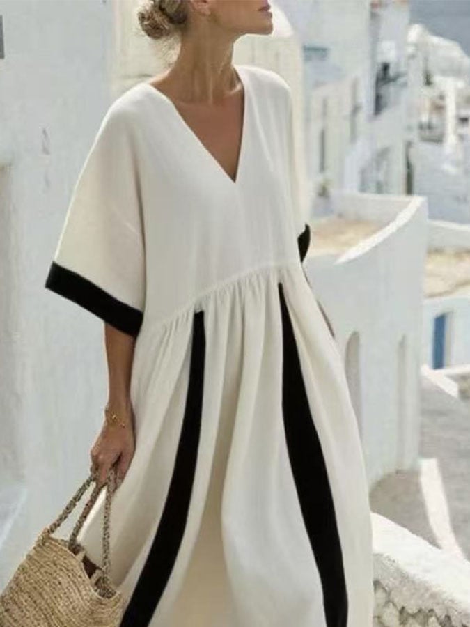 Women's V-Neck Contrast Color Short-Sleeved Holiday Loose Dress