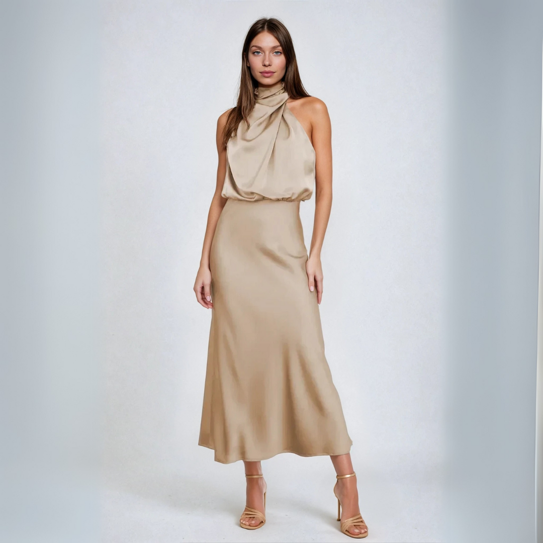 Carlina | Elegant Halter Neck Long Satin Dress