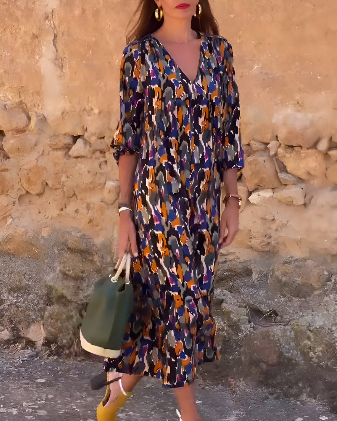 Nathalie | Vintage Print V-Neck Dress