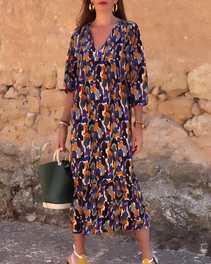 Nathalie | Vintage Print V-Neck Dress