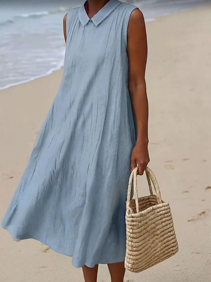 Women's Casual Turndown Collar Sleeveless Pocket Dress
