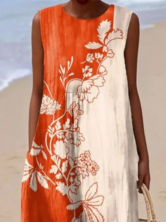 Women's Casual Round Neck Floral Print Sleeveless Dress