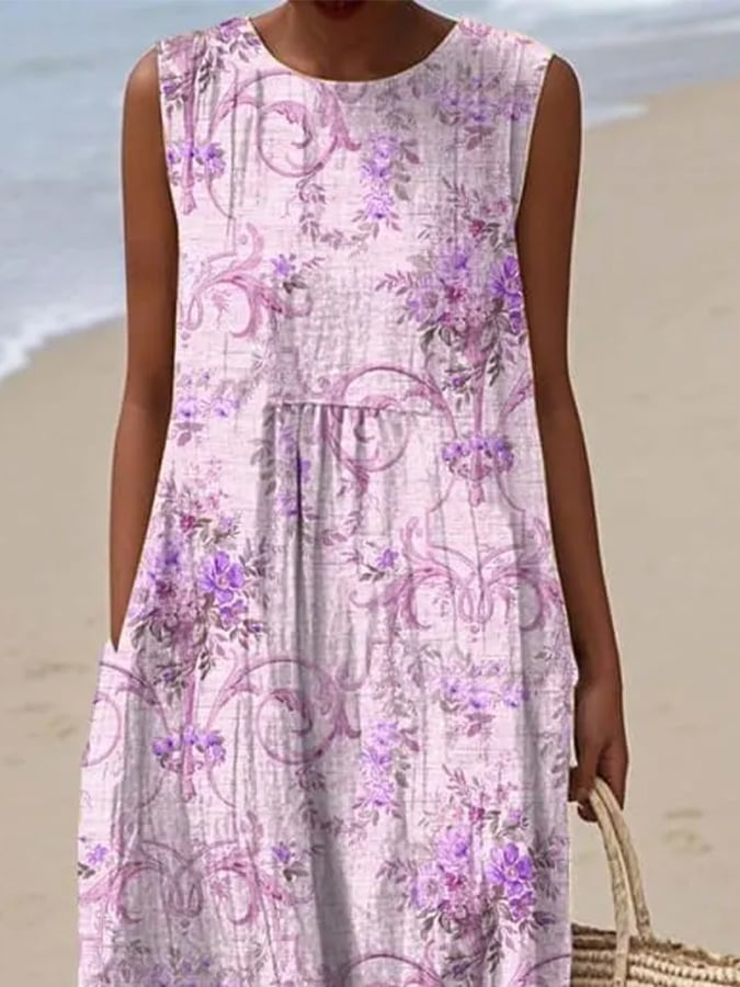 Women's Casual Round Neck Floral Print Sleeveless Dress