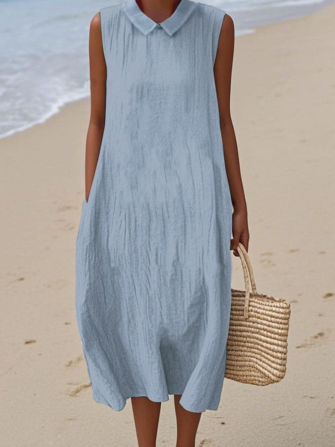 Women's Casual Turndown Collar Sleeveless Pocket Dress