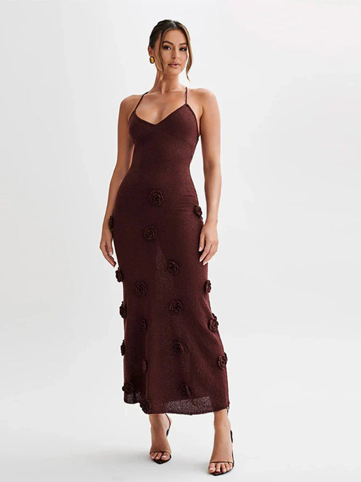 Mireille - Deep-V Neck Flower Knitted Bodycon Dress