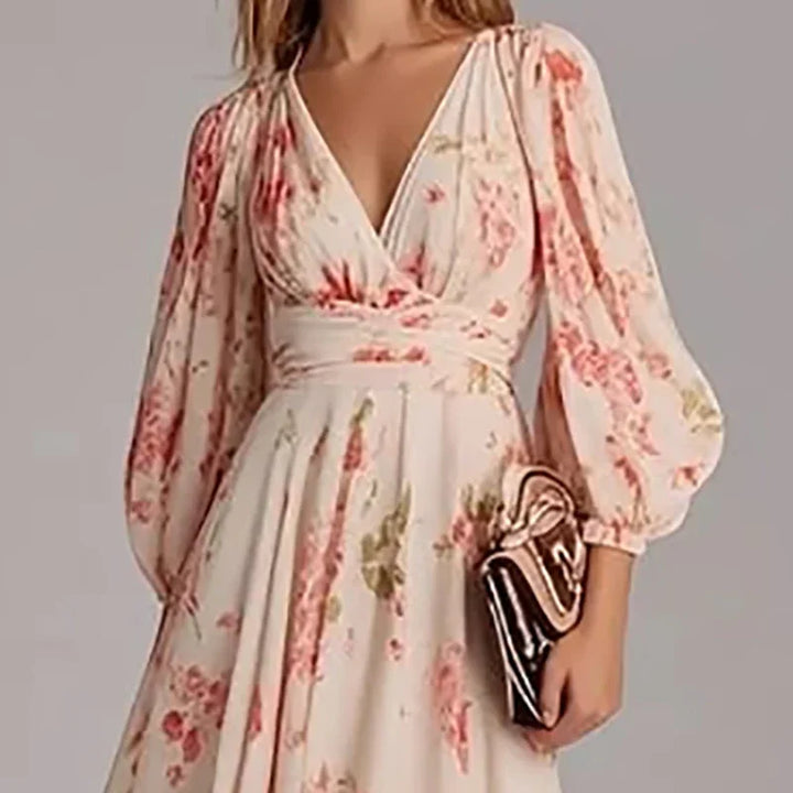 Jessica™ - Long Sleeved Floral Print Dress with V-neck