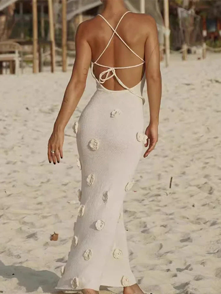 Mireille - Deep-V Neck Flower Knitted Bodycon Dress