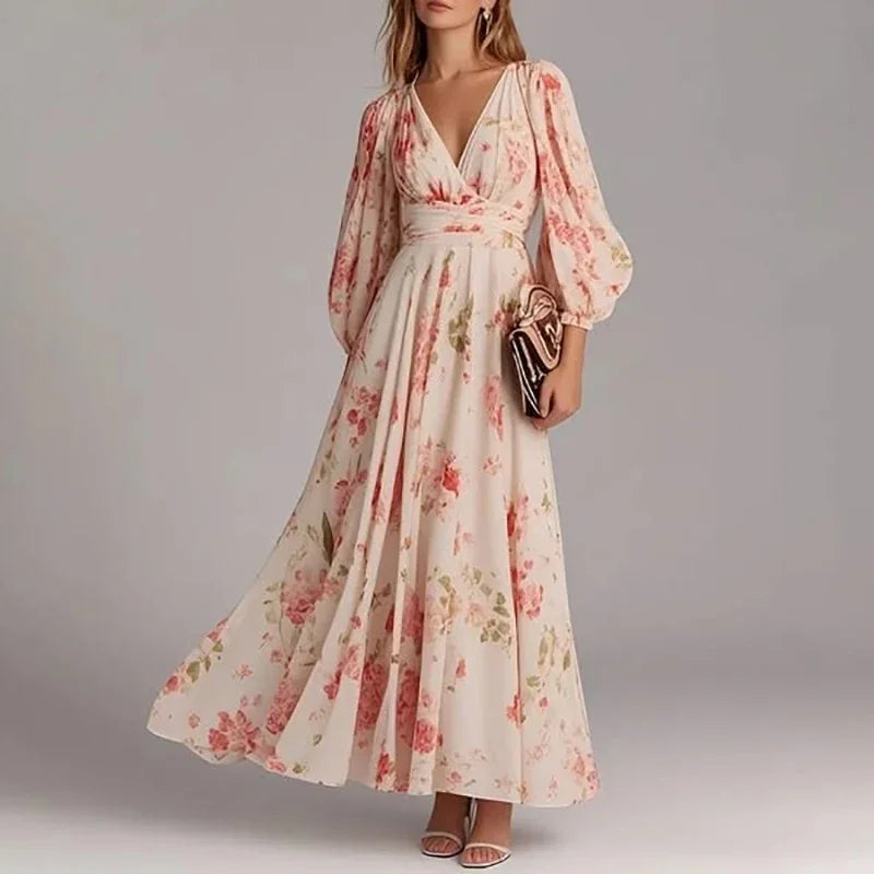 Jessica™ - Long Sleeved Floral Print Dress with V-neck