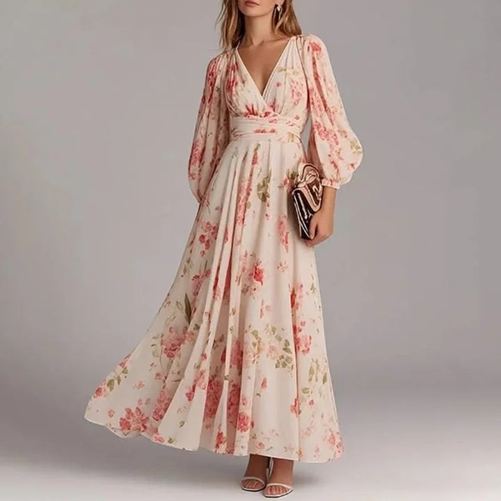 Jessica™ - Long Sleeved Floral Print Dress with V-neck