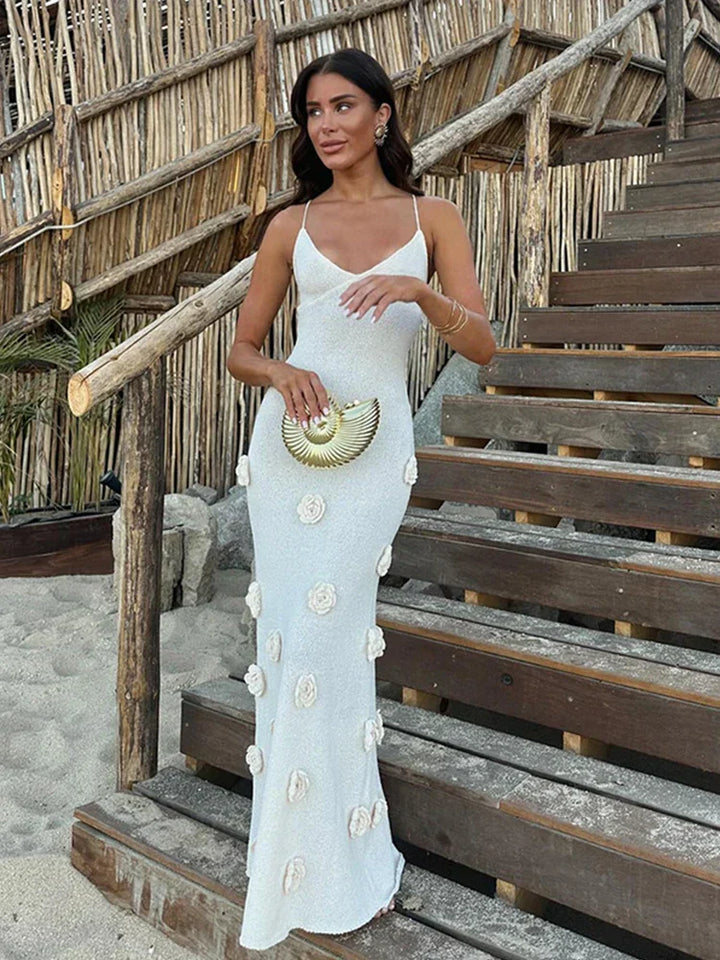 Mireille - Deep-V Neck Flower Knitted Bodycon Dress