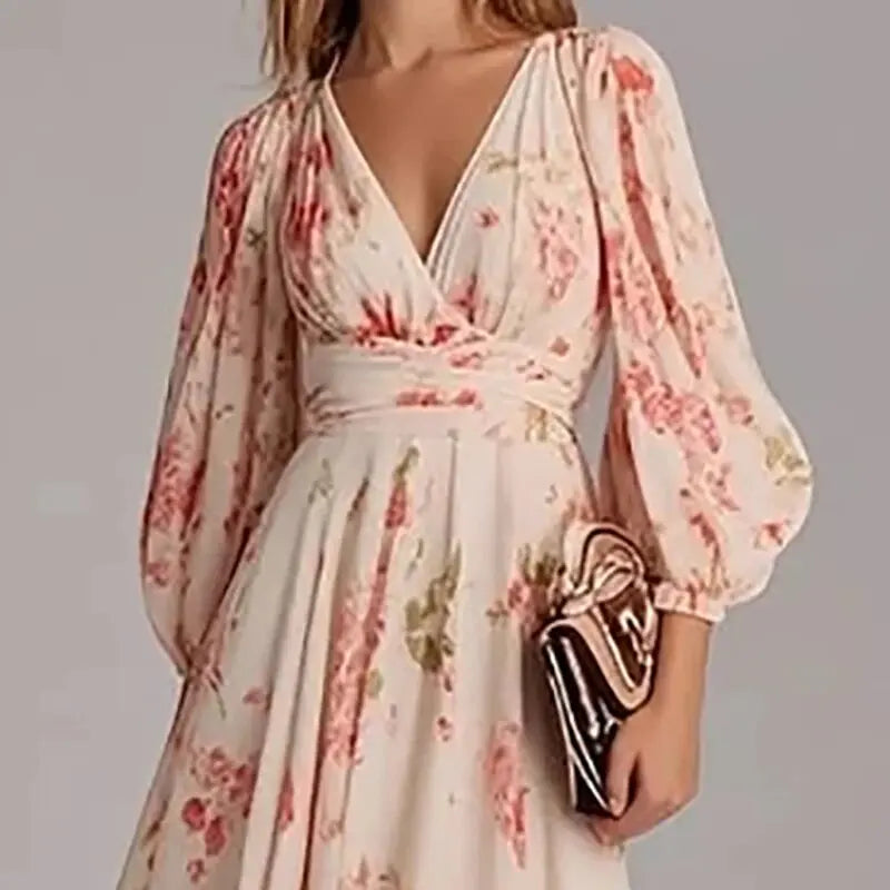 Jessica™ - Long Sleeved Floral Print Dress with V-neck