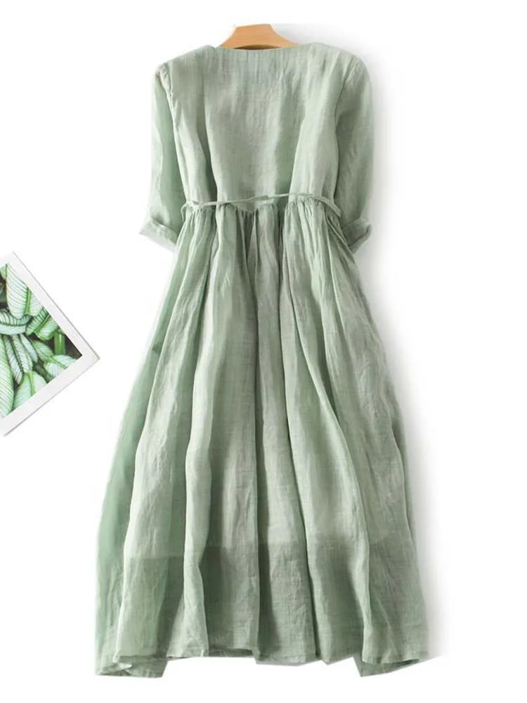 Arya - Women's Art Retro Round Neck Lace Up Waist Dress