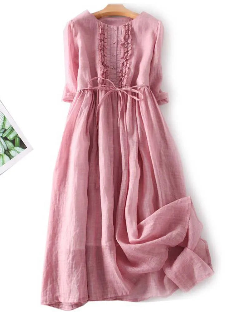 Arya - Women's Art Retro Round Neck Lace Up Waist Dress