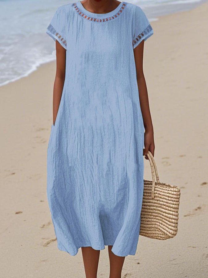 Women's Casual Round Neck Short Sleeve Hollow Pocket Dress