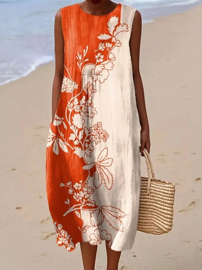 Women's Casual Round Neck Floral Print Sleeveless Dress