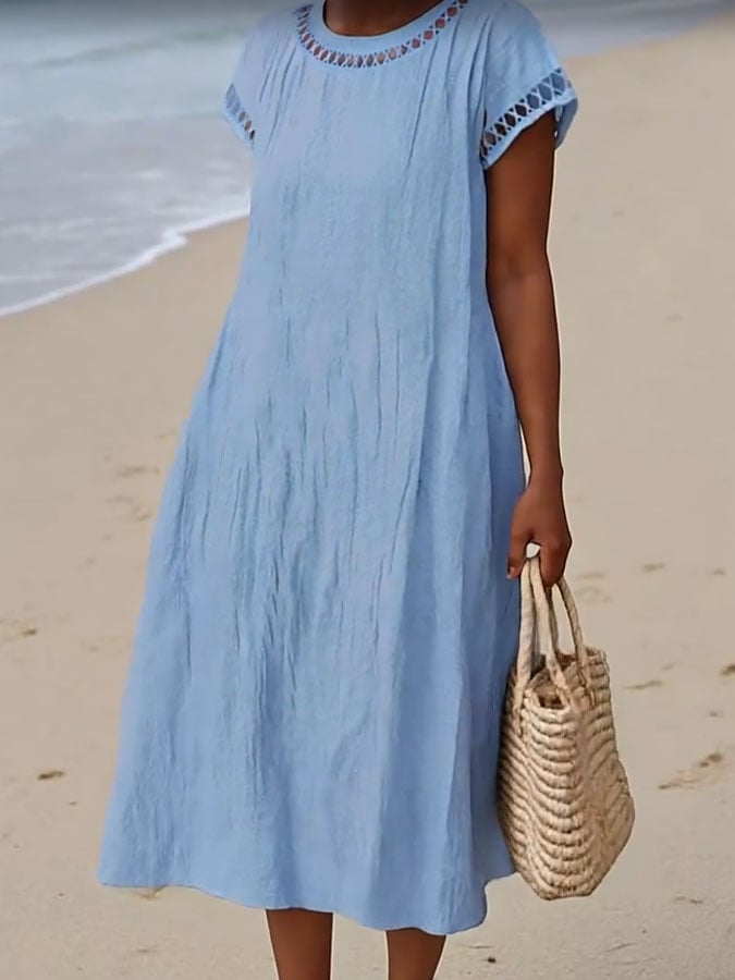 Women's Casual Round Neck Short Sleeve Hollow Pocket Dress