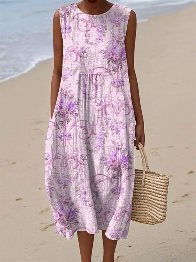 Women's Casual Round Neck Floral Print Sleeveless Dress