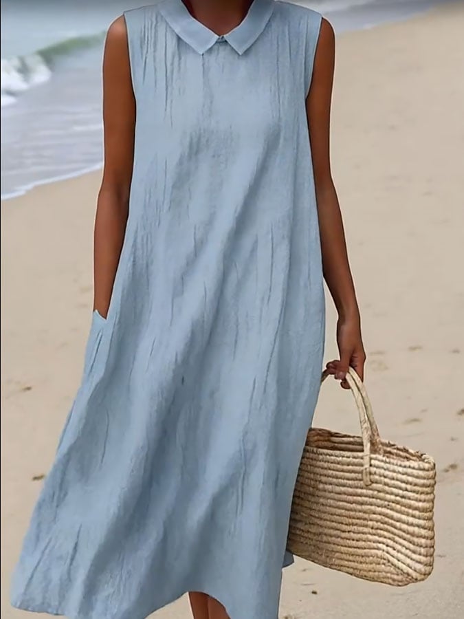 Women's Casual Turndown Collar Sleeveless Pocket Dress