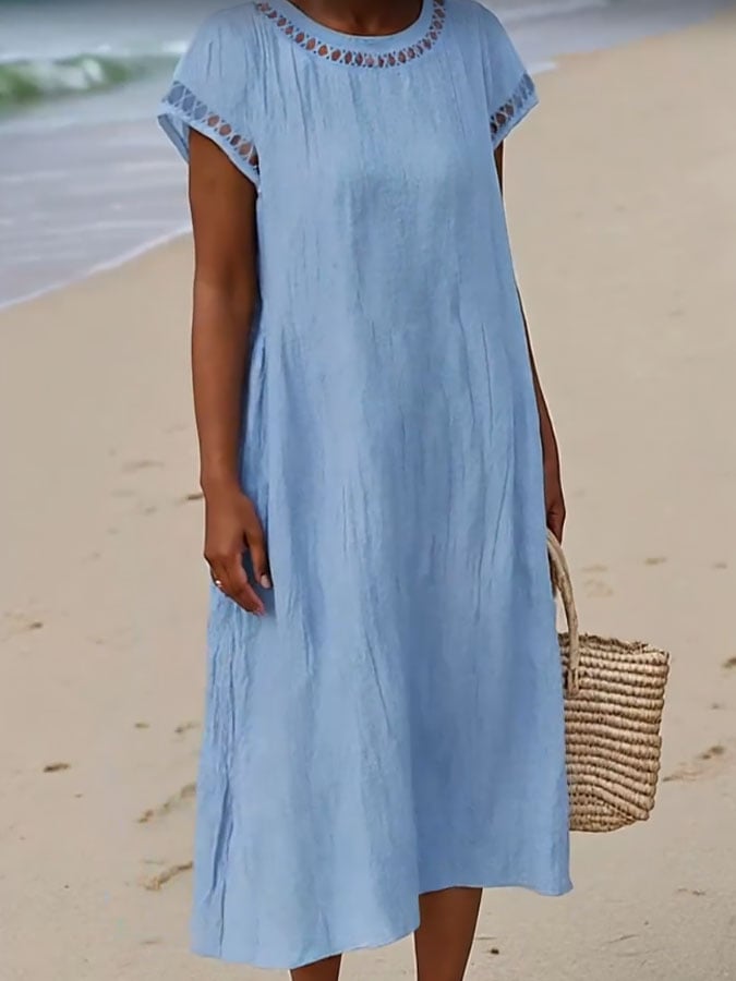 Women's Casual Round Neck Short Sleeve Hollow Pocket Dress